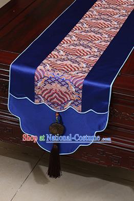 Chinese Traditional Wave Pattern Royalblue Brocade Table Flag Classical Satin Household Ornament Table Cover