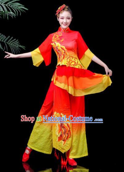 Traditional Chinese Stage Performance Costume Folk Dance Fan Dance Printing Peony Red Clothing for Women