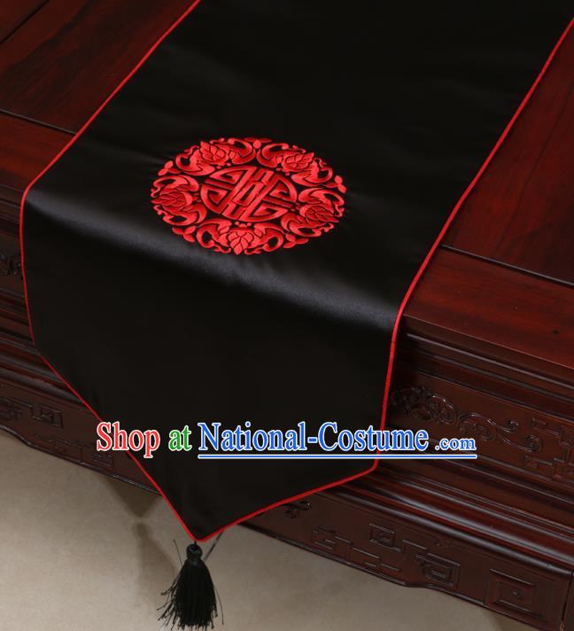 Chinese Classical Embroidered Pattern Black Brocade Table Flag Traditional Satin Household Ornament Table Cover