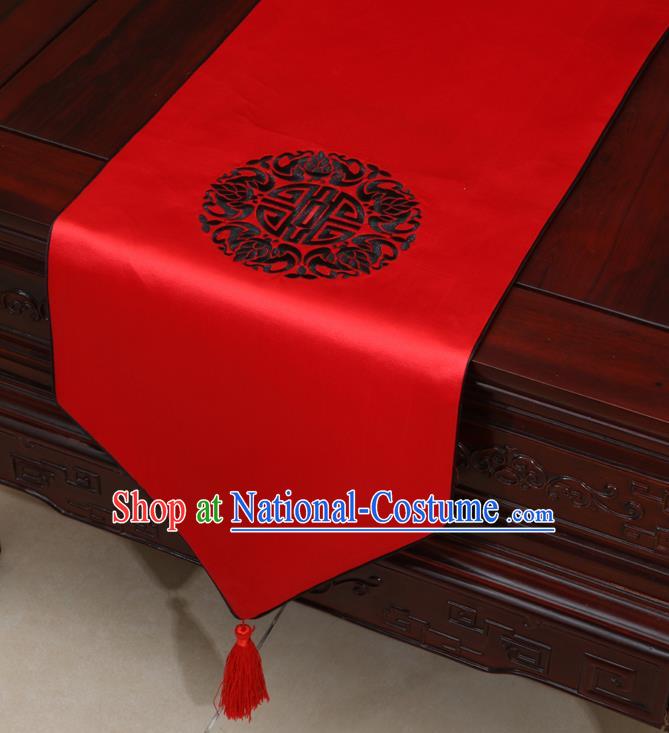 Chinese Classical Embroidered Pattern Red Brocade Table Flag Traditional Satin Household Ornament Table Cover