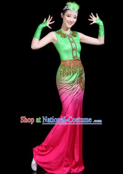 Chinese Traditional Ethnic Pavane Dance Costume Dai Nationality Peacock Dance Rosy Dress for Women