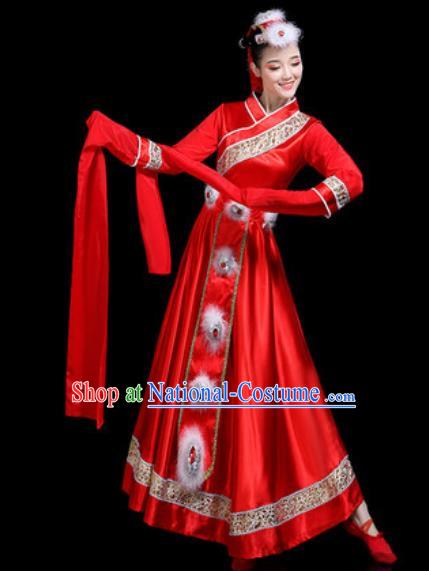 Chinese Traditional Ethnic Dance Costume Zang Nationality Folk Dance Red Dress for Women