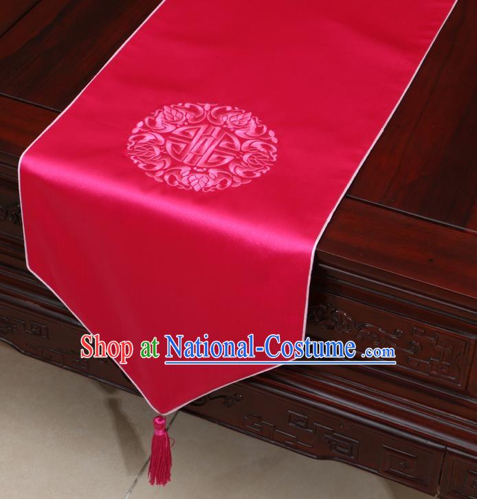 Chinese Classical Embroidered Rosy Brocade Table Flag Traditional Satin Household Ornament Table Cover