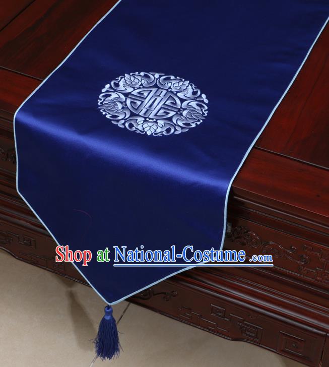 Chinese Classical Embroidered Royalblue Brocade Table Flag Traditional Satin Household Ornament Table Cover