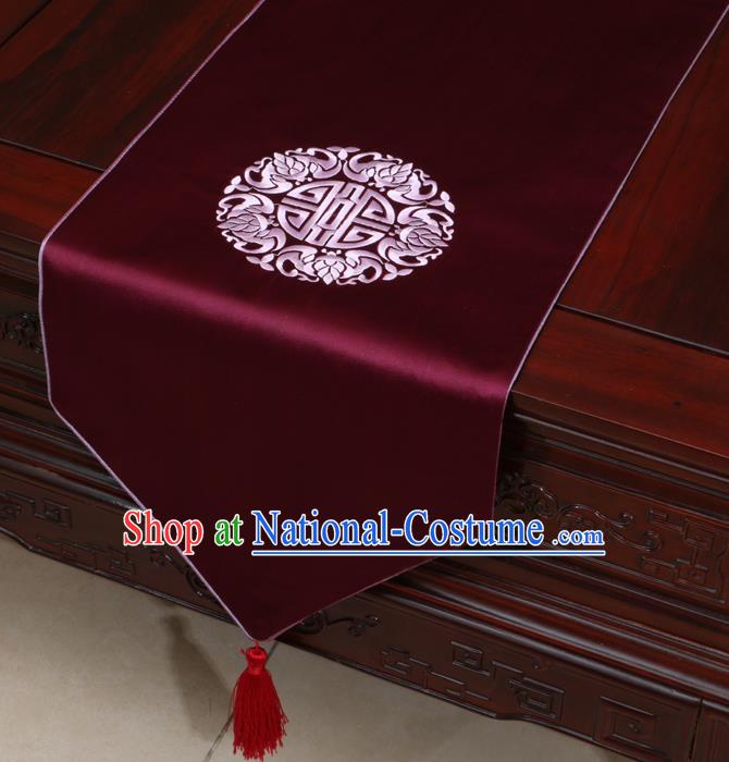 Chinese Classical Embroidered Wine Red Brocade Table Flag Traditional Satin Household Ornament Table Cover