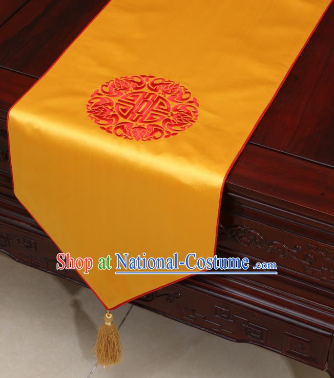 Chinese Classical Embroidered Yellow Brocade Table Flag Traditional Satin Household Ornament Table Cover