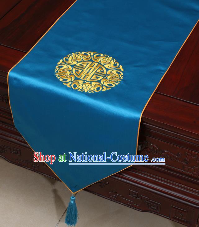 Chinese Classical Embroidered Blue Brocade Table Flag Traditional Satin Household Ornament Table Cover