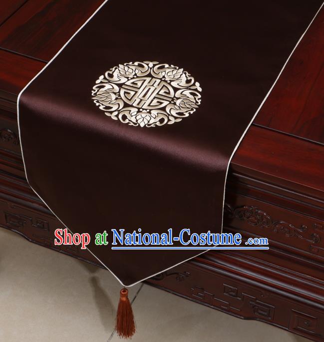 Chinese Classical Embroidered Brown Brocade Table Flag Traditional Satin Household Ornament Table Cover