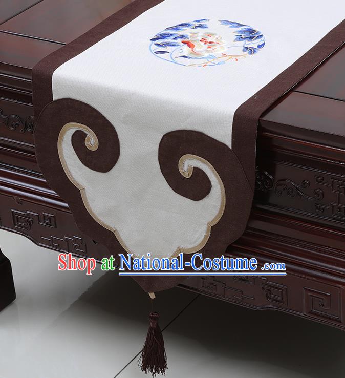 Chinese Classical Peony Pattern White Satin Table Flag Traditional Brocade Household Ornament Table Cover