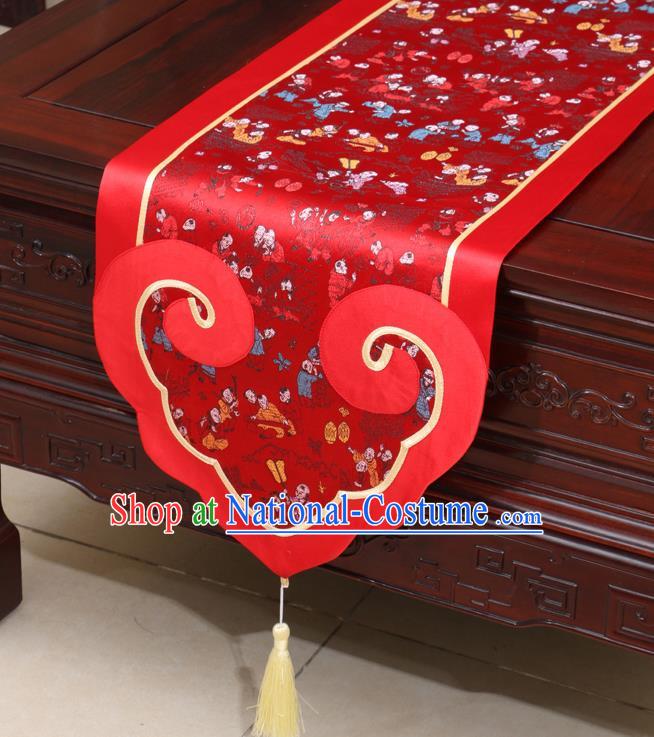 Chinese Classical Children Pattern Red Satin Table Flag Traditional Brocade Household Ornament Table Cover