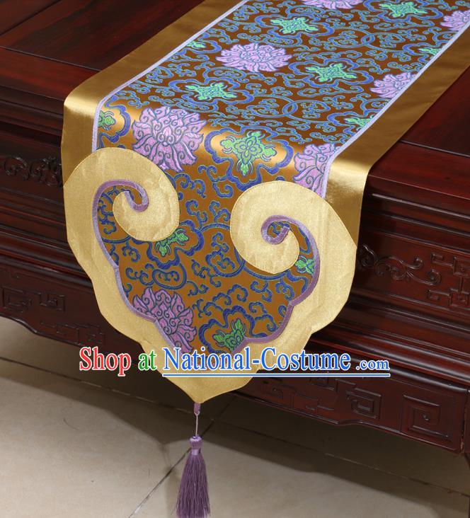 Chinese Classical Lotus Pattern Bronze Satin Table Flag Traditional Brocade Household Ornament Table Cover