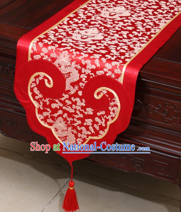 Chinese Classical Dragon Pattern Red Satin Table Flag Traditional Brocade Household Ornament Table Cover