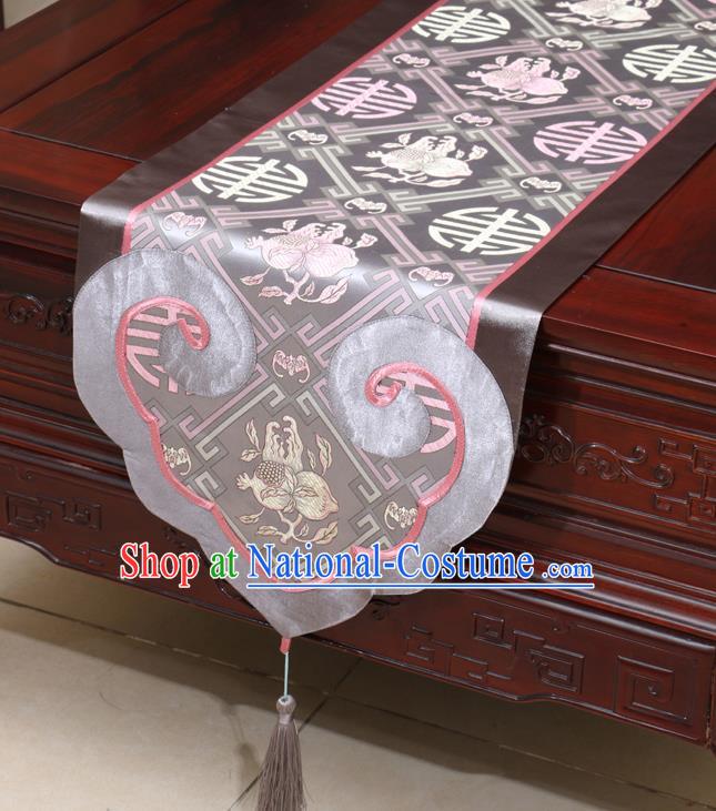 Chinese Classical Pomegranate Pattern Grey Satin Table Flag Traditional Brocade Household Ornament Table Cover