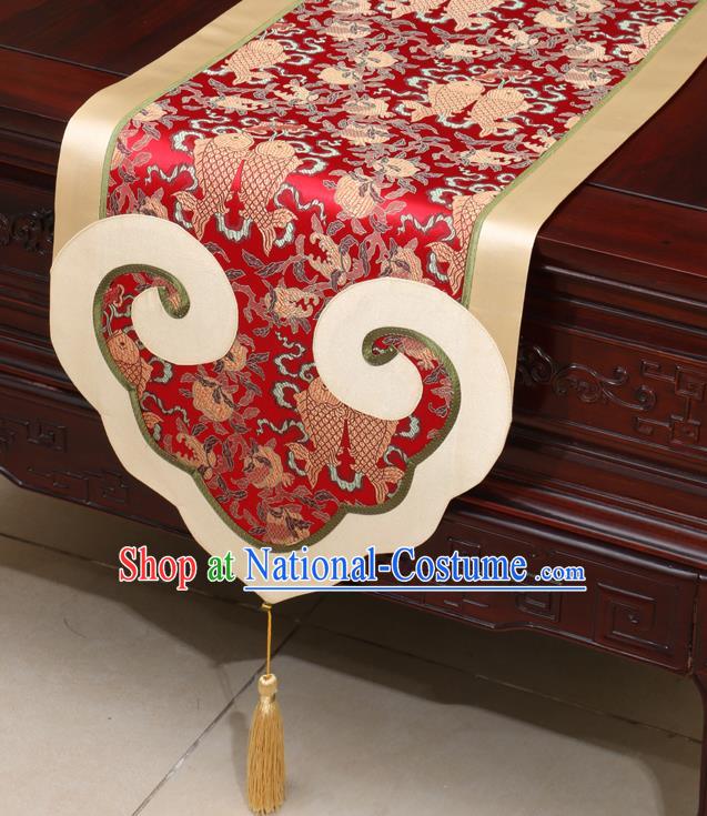 Chinese Classical Double Fishes Pattern Red Satin Table Flag Traditional Brocade Household Ornament Table Cover