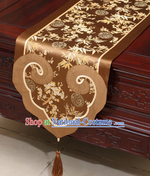 Chinese Classical Plum Blossom Bamboo Pattern Brown Satin Table Flag Traditional Brocade Household Ornament Table Cover