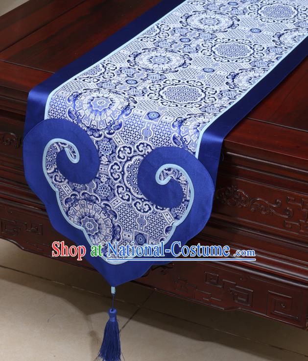 Chinese Classical Pattern Royalblue Satin Table Flag Traditional Brocade Household Ornament Table Cover