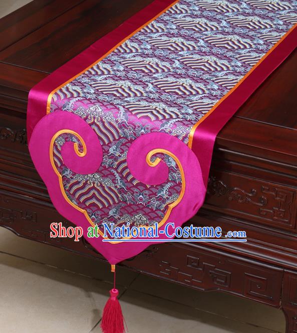 Chinese Classical Wave Pattern Rosy Satin Table Flag Traditional Brocade Household Ornament Table Cover