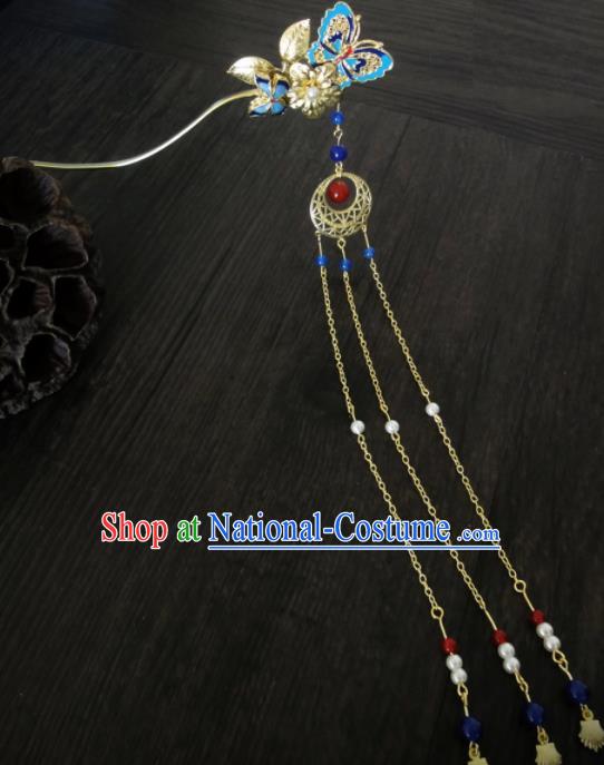 Chinese Ancient Palace Blueing Butterfly Hair Clips Hair Accessories Traditional Classical Tassel Hairpins for Women