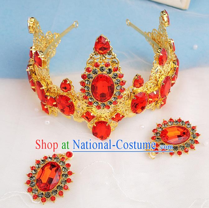 Top Grade Handmade Hair Accessories Classical Bride Red Gem Royal Crown and Earrings for Women