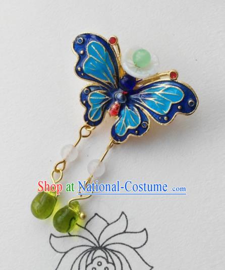 Chinese Ancient Palace Jewelry Accessories Traditional Classical Blueing Butterfly Tassel Brooch for Women