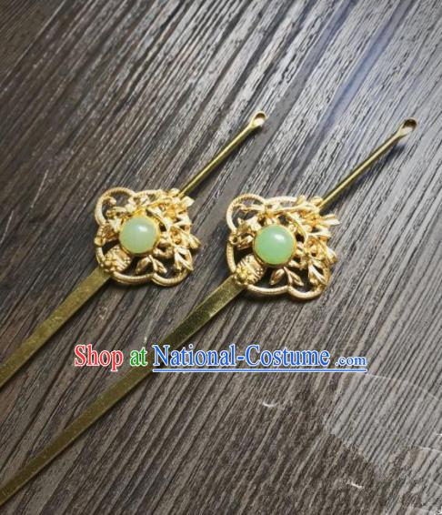 Chinese Ancient Princess Hair Accessories Traditional Green Gem Golden Hairpins for Women