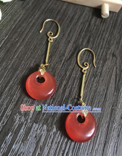 Chinese Ancient Classical Jewelry Accessories Traditional Hanfu Red Chalcedony Earrings for Women