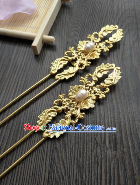 Chinese Ancient Princess Hair Accessories Traditional Pearls Golden Hairpins for Women