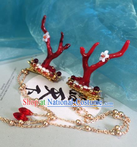 Chinese Ancient Hanfu Tassel Hair Accessories Traditional Red Dragon Horn Hair Claws Hairpins for Women