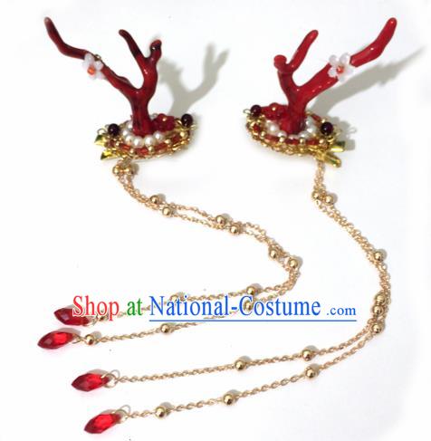 Chinese Ancient Hanfu Tassel Hair Accessories Traditional Red Dragon Horn Hair Claws Hairpins for Women