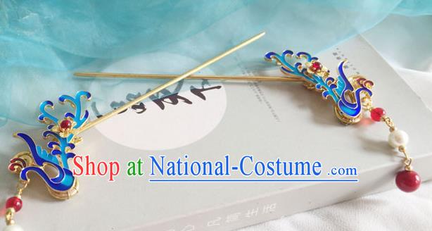 Chinese Ancient Hanfu Hair Accessories Traditional Blueing Phoenix Tassel Hairpins for Women