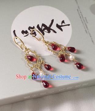 Chinese Ancient Hanfu Jewelry Accessories Traditional Red Crystal Earrings for Women