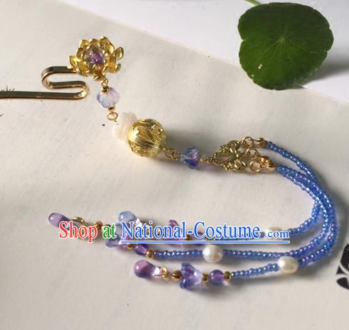 Chinese Ancient Hanfu Hair Accessories Traditional Blue Beads Tassel Lotus Hairpins for Women