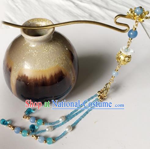 Chinese Ancient Hanfu Hair Accessories Traditional Light Blue Beads Tassel Lotus Hairpins for Women