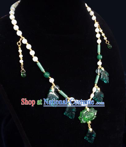 Chinese Ancient Hanfu Jewelry Accessories Traditional Tassel Green Lotus Necklace for Women