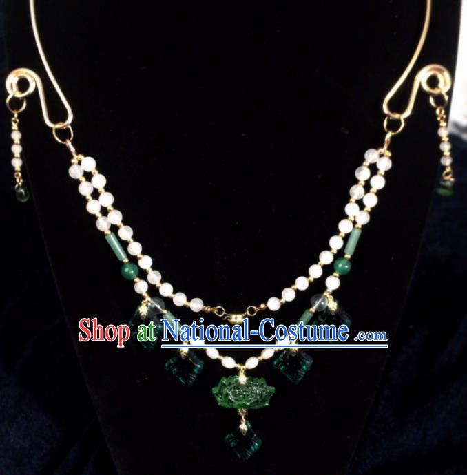 Chinese Ancient Hanfu Jewelry Accessories Traditional Tassel Green Lotus Necklace for Women