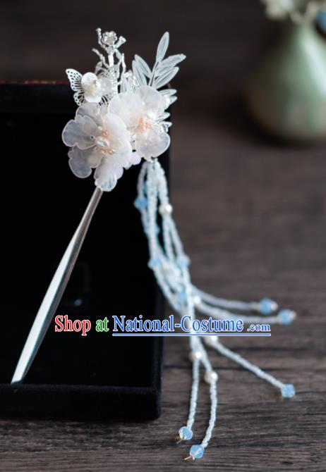 Chinese Ancient Hanfu Hair Accessories Traditional Wedding White Flowers Tassel Hairpins for Women