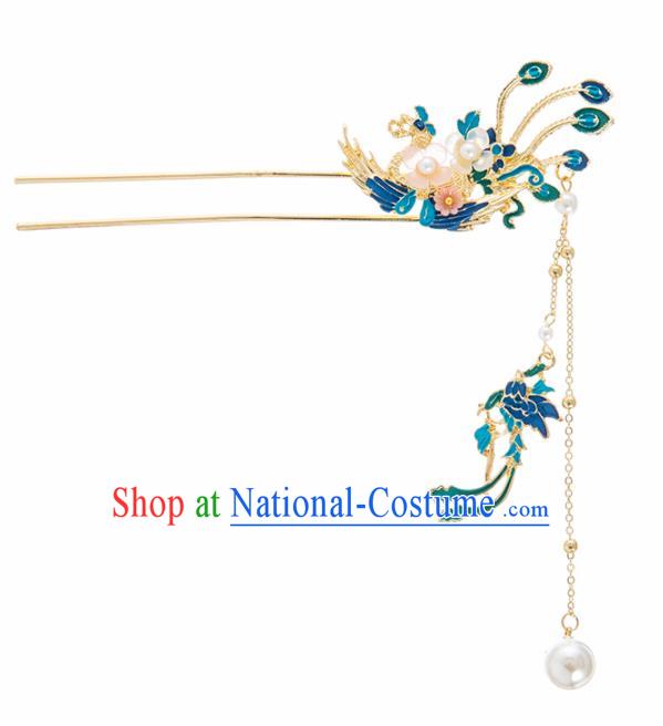 Chinese Ancient Hanfu Wedding Hair Accessories Traditional Blueing Phoenix Tassel Hairpins for Women