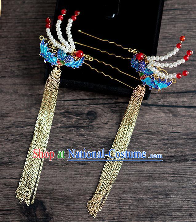 Chinese Ancient Hanfu Hair Accessories Traditional Wedding Blueing Phoenix Tassel Hairpins for Women