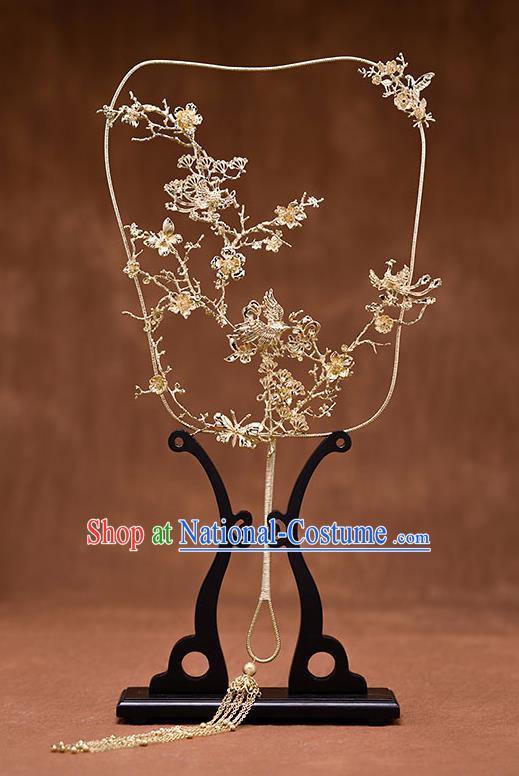 Chinese Ancient Wedding Accessories Traditional Bride Golden Palace Fans for Women