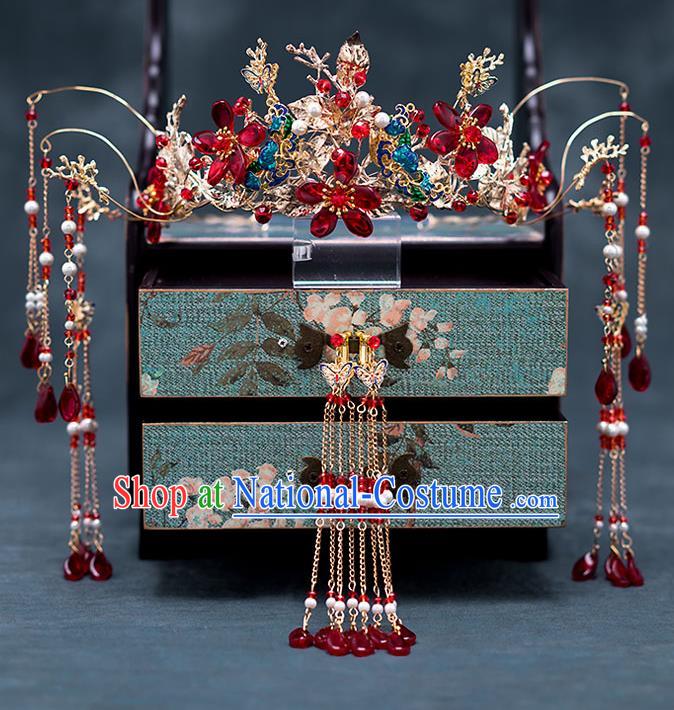 Chinese Ancient Wedding Hair Accessories Traditional Bride Hanfu Tassel Hairpins Blueing Phoenix Coronet for Women