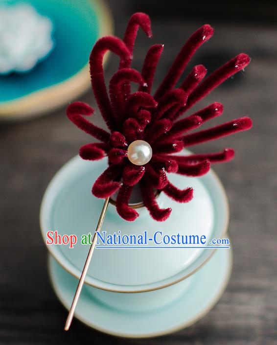 Chinese Ancient Queen Hair Accessories Traditional Hanfu Wine Red Chrysanthemum Hairpins for Women