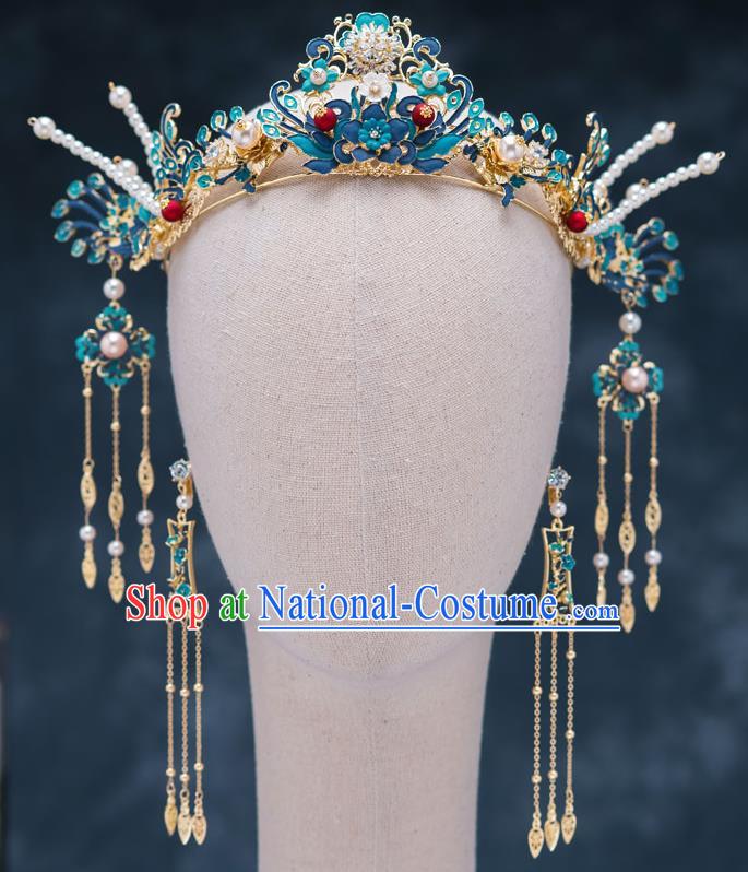 Chinese Ancient Bride Hair Accessories Wedding Blueing Phoenix Coronet Traditional Hanfu Hairpins for Women