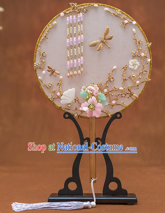 Chinese Ancient Bride Tassel Round Fans Traditional Wedding Classical Palace Fans for Women