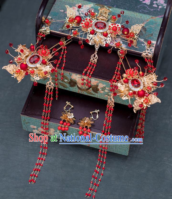 Chinese Ancient Wedding Red Crystal Hairpins Traditional Bride Palace Hair Accessories for Women