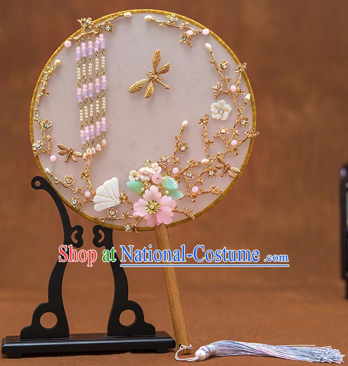 Chinese Ancient Bride Tassel Round Fans Traditional Wedding Classical Palace Fans for Women