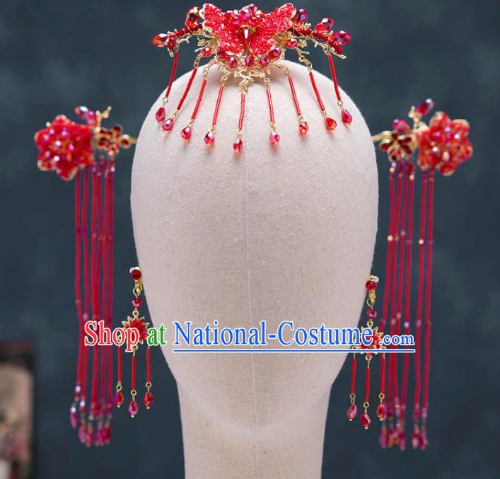 Chinese Ancient Palace Hair Accessories Tassel Hairpins Traditional Bride Red Butterfly Hair Clip for Women