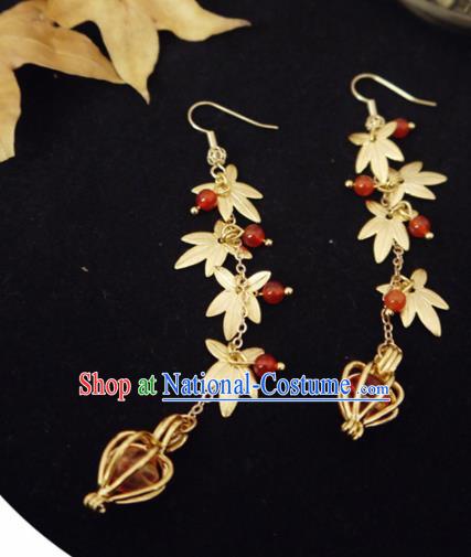 Chinese Ancient Hanfu Jewelry Accessories Traditional Wedding Golden Maple Leaf Tassel Earrings for Women