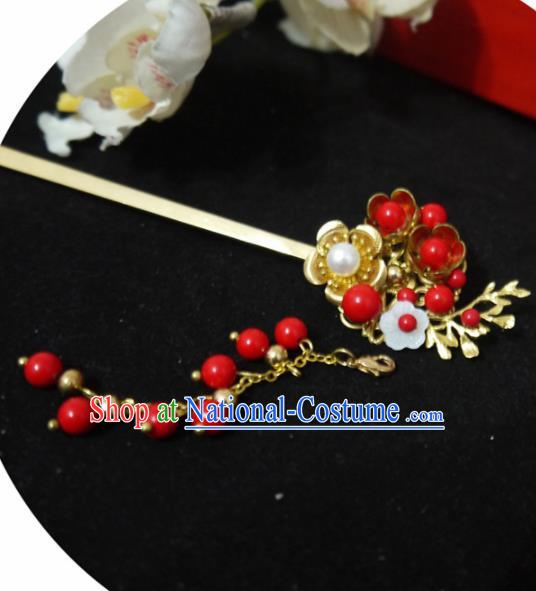 Chinese Ancient Hair Accessories Traditional Bride Hanfu Red Beads Tassel Hairpins for Women