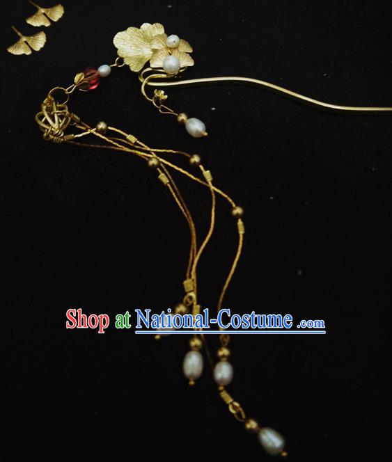 Chinese Ancient Hair Accessories Traditional Bride Hanfu Pearls Tassel Ginkgo Hairpins for Women