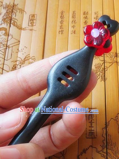 Chinese Ancient Princess Hair Accessories Traditional Hanfu Red Flower Ebony Hairpins for Women